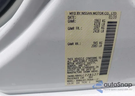 2020 Nissan Altima S Fwd из США, поврежденный, VIN 1N4BL4BVXLC228127